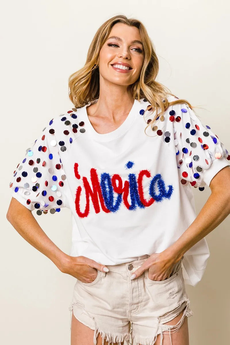 BiBi Metallic Letter Spangle Raglan Puff Sleeve Top - Love Salve